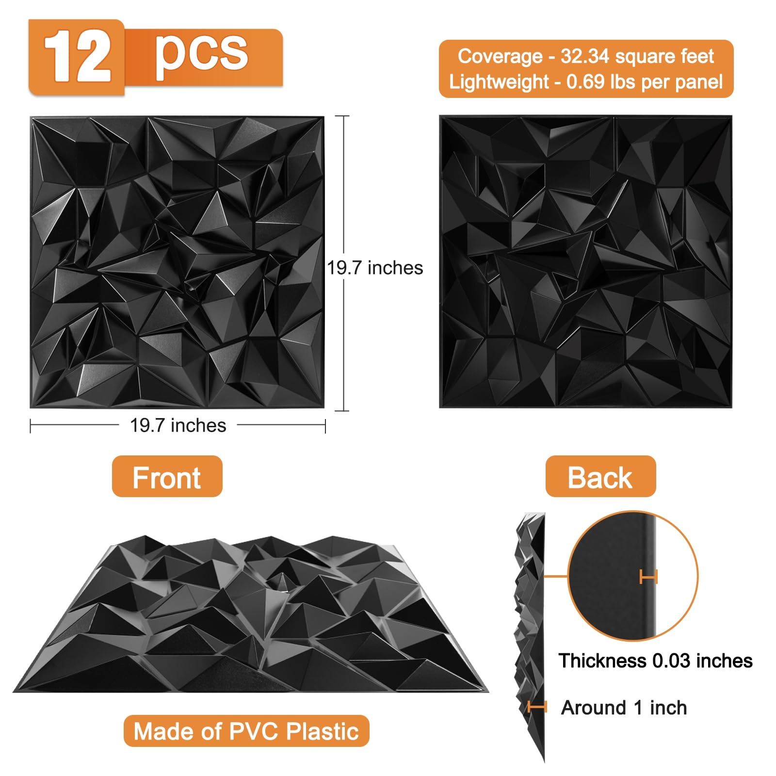 TroyStudio Acoustic Sound Diffuser Panels, 19.7 X 19.7 X 1 inches 12 Pcs Black PVC Plastic 3D Wall Panel, Recording Studio Acous